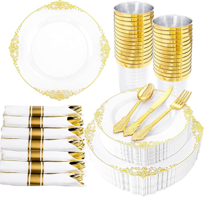 210 Pcs White Gold Plates for Party | White Party Plates Set for 30 Guests by Hioasis