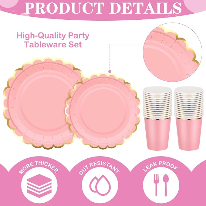 Yaomiao 168 Pcs Pink Dinnerware Sets Pink Plates Disposable Paper Plates Cups - Image 3