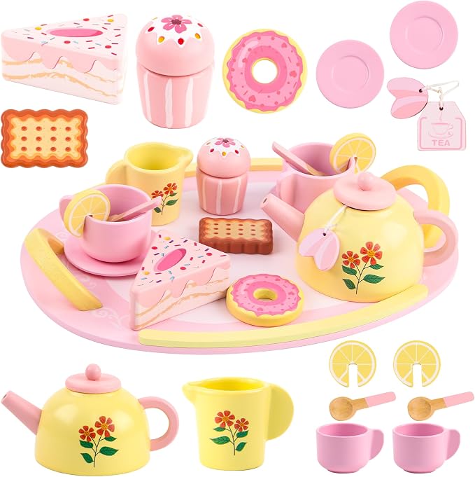 Tea Sets for Toddlers 3-5 Wooden Tea Party Set Toys for 3 Year Old Girls | Tea by Ranqibo
