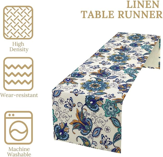 Oriental Paisley Table Runner, Luxury Vintage Blue Teal Floral Butterflies - Image 4