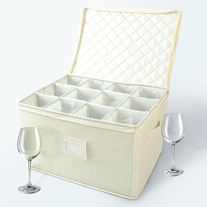 storageLAB Wine Glass Storage Containers, Hard Shell Organizer for Stemware and Glassware Sets, Stackable Wine Glass Storage Box with Dividers for Kitchen and Moving Supplies - 1 Pack, Cream