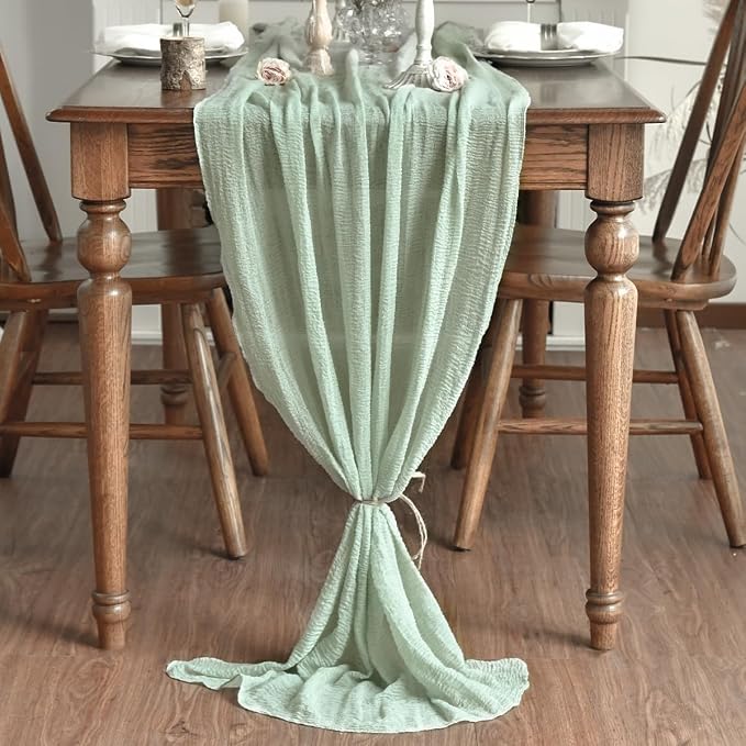 Artoid Mode Boho Cheesecloth Gauze Sage Green Wedding Table Runner, 120 Inch - Image 2