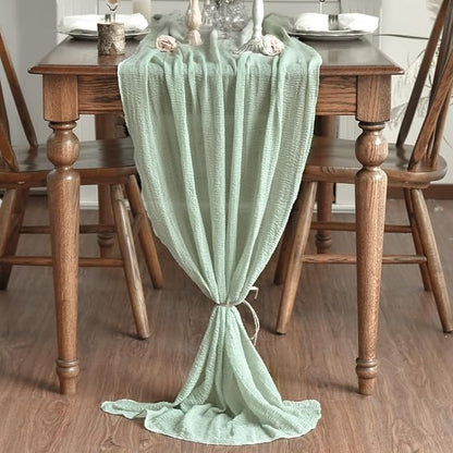 Artoid Mode Boho Cheesecloth Gauze Sage Green Wedding Table Runner, 120 Inch - Image 2