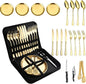 Picnic Dishes Utensils Gold Camping Flatware Set for 4 Portable Dinnerware Plates Silverware Forks Spoons knives Bottle Opener Food Tongs Complete Kit with Zipper Bag