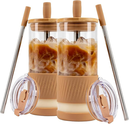 Pandaloo® Glass Cups With Lids and Straws -20 Fl Oz- Perfect Size Iced Coffee by Pandaloo