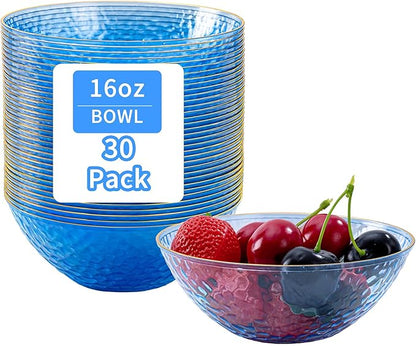 Tinybee 30 Pack Blue Plastic Bowls - Blue Disposable Bowls for Party with Gold Rim, 16-20oz Premium Hammered Bowls Disposable Heavy Duty, Plastic Salad Bowls for Milk Cereals, Snacks, Salads