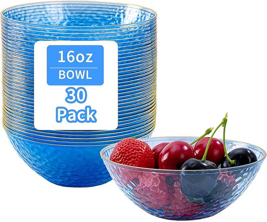 Tinybee 30 Pack Blue Plastic Bowls - Blue Disposable Bowls for Party with Gold Rim, 16-20oz Premium Hammered Bowls Disposable Heavy Duty, Plastic Salad Bowls for Milk Cereals, Snacks, Salads