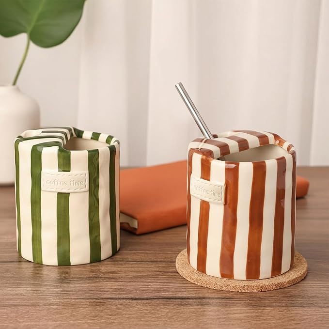 2 Pack Ceramic Coffee Mug with Sip Hole Espresso Cup 10oz with Straws Retro - Image 5