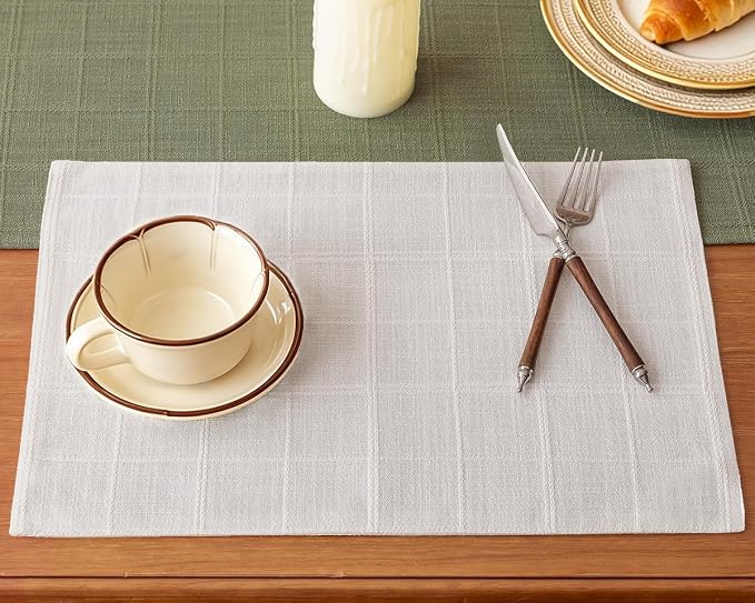 Linen Checked Placemats Set of 6, Machine Washable, Thick Textured Farmhouse by Aoztio