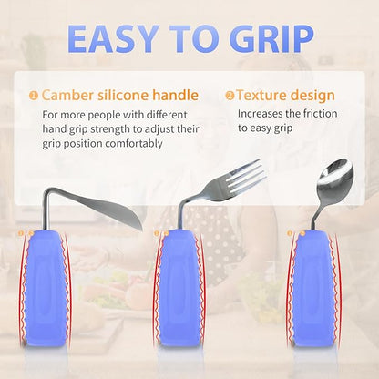 Adaptive Utensils Angled Spoon and Fork for Hand Tremors Parkinsons,Weighted Utensils with Non-Slip Easy Grip Handles for Independent Eating (1pcs Knife+1pcs Fork+1 pcs Spoon,Purple,Left Hand)