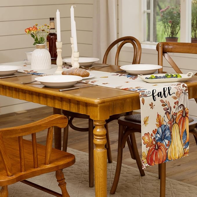 Hello Fall Pumpkin Table Runner Autumn Leaves Harvest Burlap Table Runners - Image 7