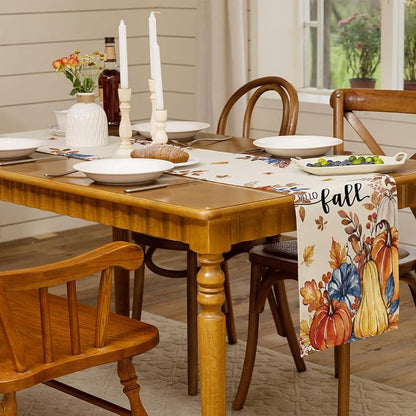 Hello Fall Pumpkin Table Runner Autumn Leaves Harvest Burlap Table Runners - Image 7