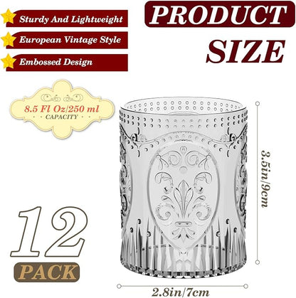 Qinyoung 12 Plastic Vintage Drinking Glasses 8.5oz Stemless Retro Embossed Wine - Image 3