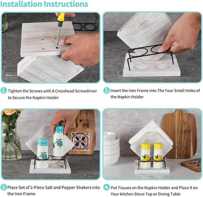 Rustic Farmhouse Napkin Holder Set - Natural Wood Kitchen Organizer with Turtle 2 Salt & Pepper Shakers for Countryside Dining & Minimalist Home Decor (Gift Ready)