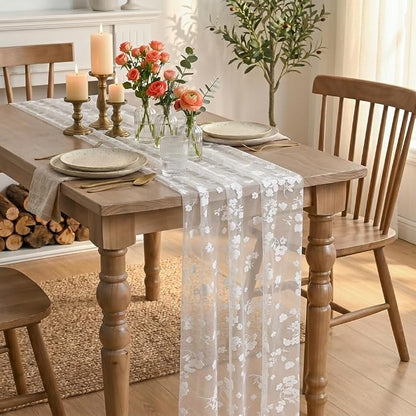 Artoid Mode White Gauze Flocking Flowers Table Runner 10FT, Seasonal Sheer - Image 4
