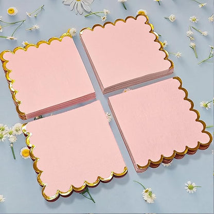 100 pack Pink Cocktail Napkins with Gold Foil Accents Scalloped Edges 5 x 5 inch Beverage Disposable Napkin Party Decoration Wedding Bridal and Baby Shower Dinner Lunch Supplies