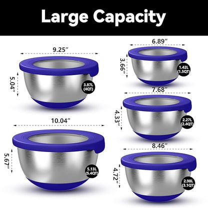 Stainless Steel Mixing Bowls with Lids – Set of 5 Large Nesting Metal Bowls for Kitchen, Baking, Cooking, Food Prep & Storage, Non-Slip Base, Dishwasher Safe,Blue
