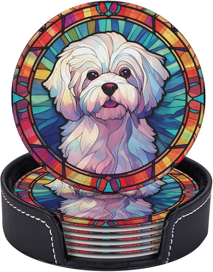 Maltese Stained Dog Breed Glass Art Leather Drinks Coasters by Novgift