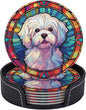 Maltese Stained Dog Breed Glass Art Leather Drinks Coasters by Novgift