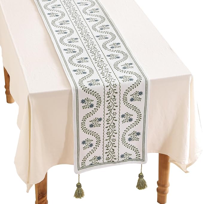 Designer French Linen Long Table Runner, Floral Pattern, Dining Table, Kitchen by Isaennehomedecoration