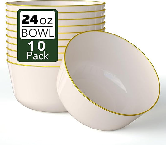 Trendables 24 oz Plastic Bowls Set - Fancy Serving Bowls - Perfect for Ice Cream, Salad, Candy - Disposable (10, Cream Gold Rimmed)