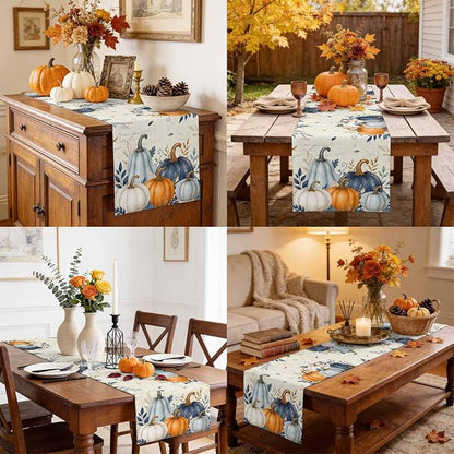 Blue Pumpkins Fall Table Runner 72 Inches Long, Thanksgiving Eucalyptus Leaves - Image 9