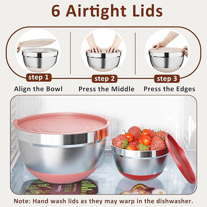 9 Pack Mixing Bowls with Airtight Lids Set, Stainless Steel Mixing Bowls with Grater Attachments, Nesting Kitchen Bowl Set with Non-Silp Bases, Size 7, 4, 3, 2, 1.5,1QT, Multi