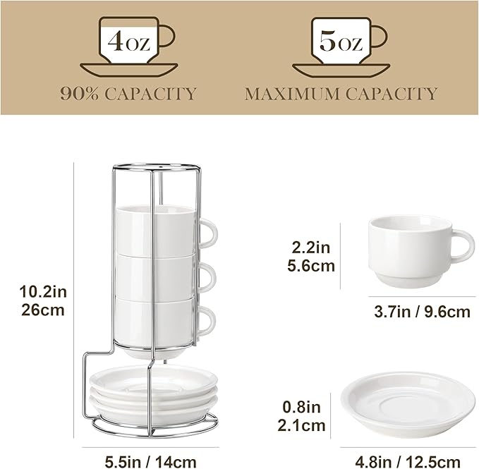 MALACASA 4 OZ Porcelain Espresso Cups with Saucers and Metal Stand Set of 4, Stackable Cappuccino Cups, White Expresso Shots Cup Set for Coffee Drinks, Latte, Tea