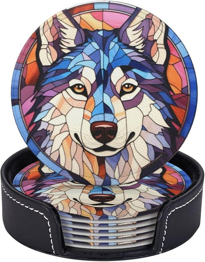 Drink Coaster Set of 6, Siberian Husky Dog Mom Lover Gift,Leather Drink Coasters with Holder,6 Pack Cup/Bar/Drink Coasters for Table/Drinks/Coffee Protection Housewarming Gift
