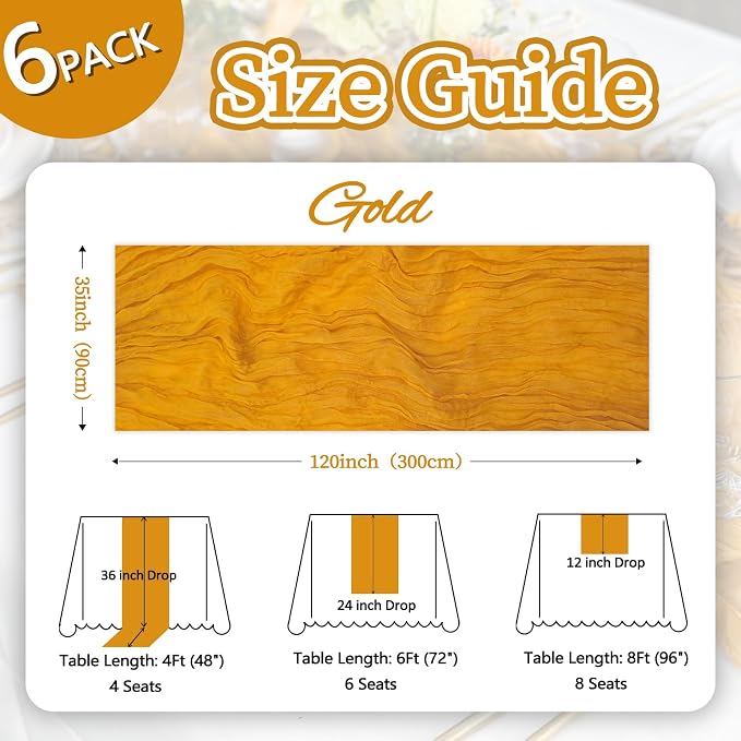 6 Pack Gold Cheesecloth Table Runner 35 x 120 Inch | Boho Gauze Cheese Cloth - Image 2