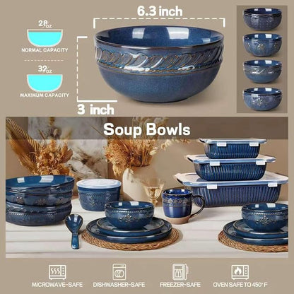 Soup Bowls 32 OZ, Cereal Bowls Set of 4, Embossment Ceramic Ramen Bowl - Image 2