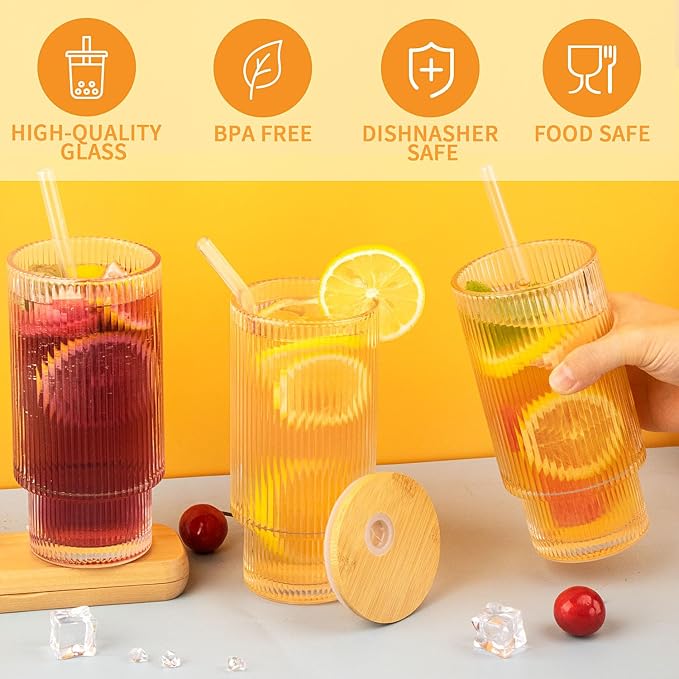6 Pcs 16oz Ribbed Glass Cups - Image 4