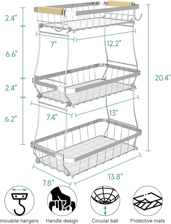 3-Tier Fruit Basket with Banana Hangers, Detachable Metal Bowl | Wooden handle - Image 2
