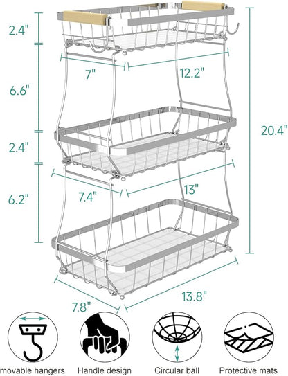 3-Tier Fruit Basket with Banana Hangers, Detachable Metal Bowl | Wooden handle - Image 2