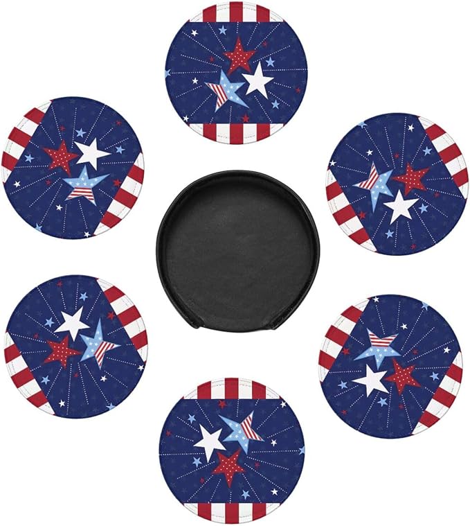 6 Pcs 4th of July Star Red Blue Independence Day Patriotic Star Leather Coasters - Image 7
