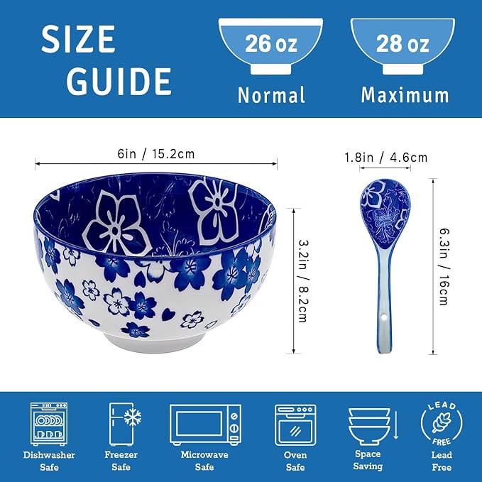 Japanese Ceramic Bowls Set of 6, 28 Oz Large Asian Porcelain Ramen Soup Salad - Image 2