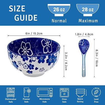 Japanese Ceramic Bowls Set of 6, 28 Oz Large Asian Porcelain Ramen Soup Salad - Image 2