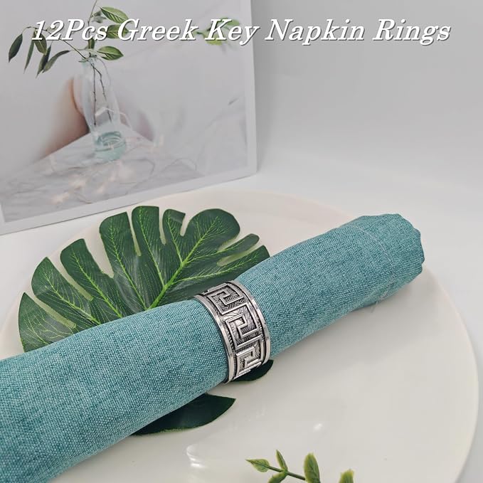 12pcs Antique Silver Napkin Rings, Premium Greek Key Napkin Rings Bulk - Image 3