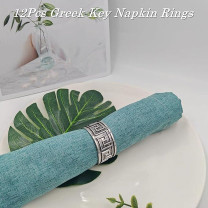 12pcs Antique Silver Napkin Rings, Premium Greek Key Napkin Rings Bulk - Image 3