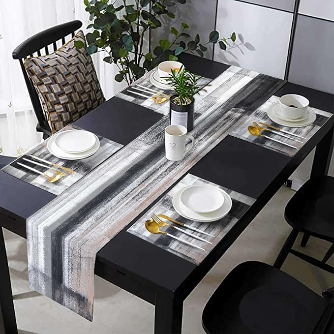 Black and Grey Modern Table Runner and Place Mats Set of 6 Abstract Black and by TQFZP