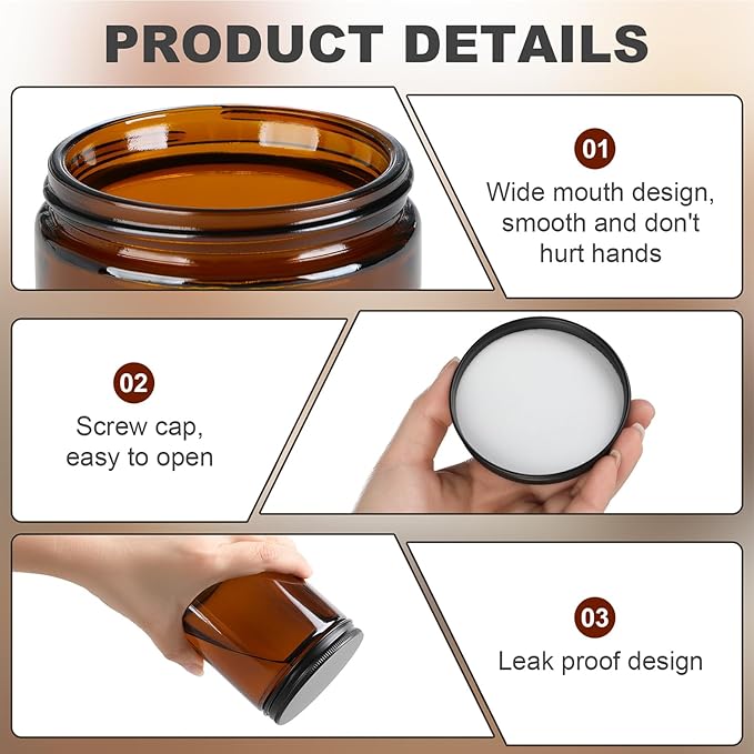 Goiio 6 Pack Amber Glass Jars, 8 Oz Thick Amber Round Glass Jars, with Black Metal Lids, for Spice, Liquid, Sample, Leakproof and Dishwasher Safe