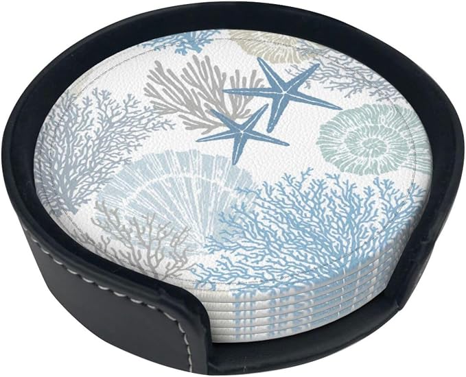 6 Pcs Sea Life Coral Starfish Print Blue Plant Leather Coasters - Image 2