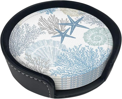 6 Pcs Sea Life Coral Starfish Print Blue Plant Leather Coasters - Image 2