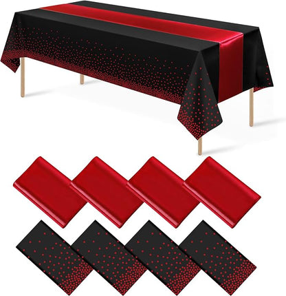 8Pack Disposable Plastic Party Tablecloths and Satin Table Runner Set Black and by MASHAN