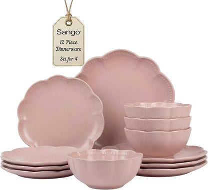 Sango 12 Pieces Scalloped Dinnerware Set, Modern Pink Dishes by Sango