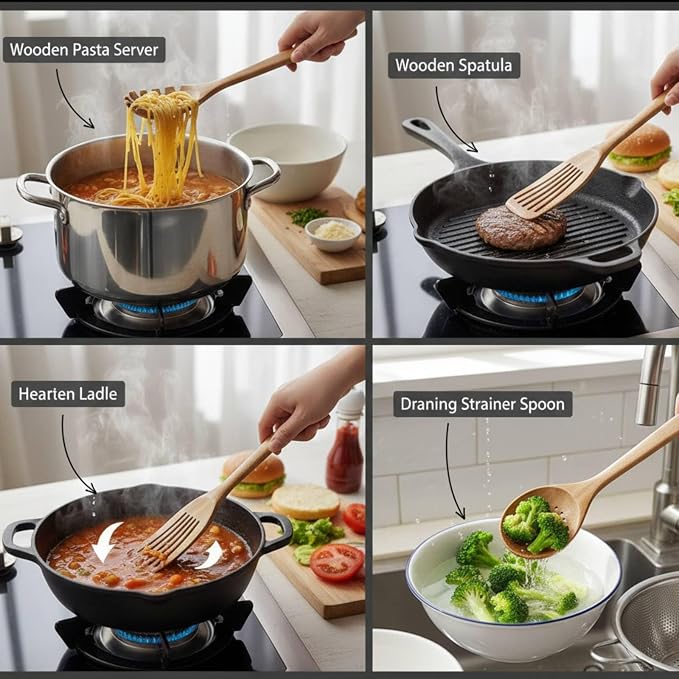 Acacia Wooden Utensil Set, 4 Piece Wood Kitchen Utensils | Includes Spaghetti - Image 6