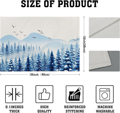Winter Placemats Set of 4 - Blue Watercolor Xmas Tree Place Mats 12x18 Table Mats White Snow Forest Kitchen Mats for Party Dining Table