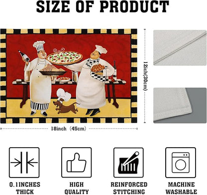 Giwawa Fat Chef Placemats Italian Pizza Bistro Anti-Fatigue Red Wine Linen Table Mat Set of 4 Cooking Food Heat Stain Resistant Place Mats for Dining Kitchen Party Holiday Decoration