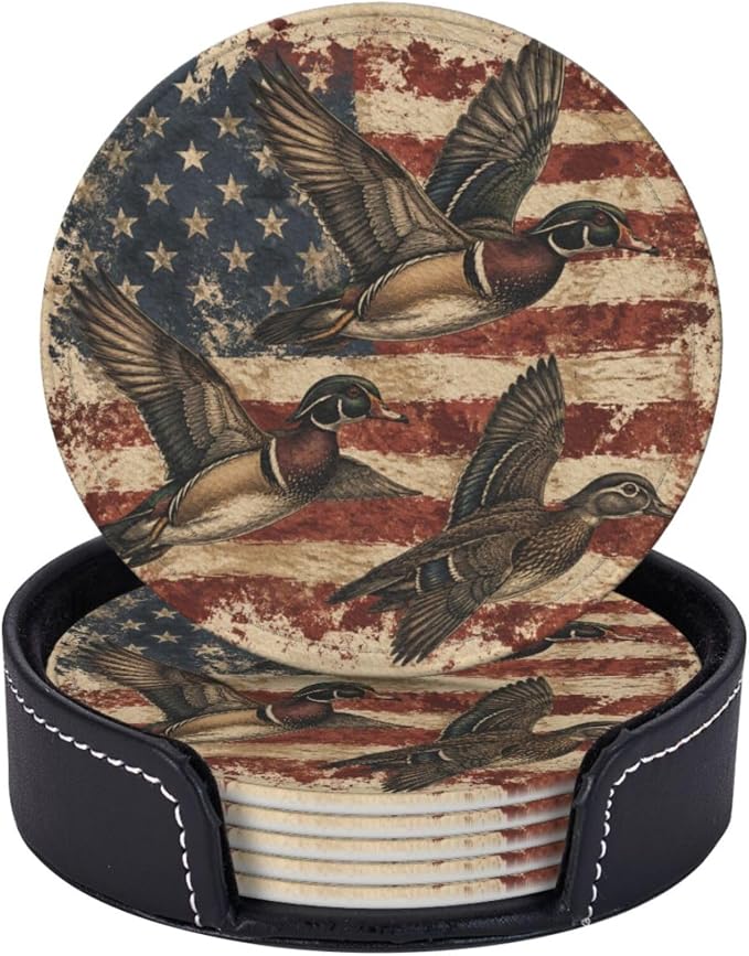 Rustic Americana Patriotic Duck Flag Leather Coasters Set of 6 by NeuKim