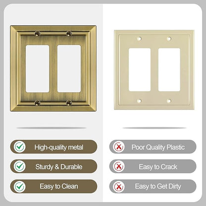 Metal Wall Plate for Electrical Outlets, Decorative Antique Brass Switch Plates Outlet Cover, Light Switch Cover Plate, 2-Gang Wall Plates (Double Decorator, 2 Pack)